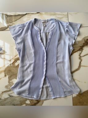 H&M Baby Blue V-Neck Blouse W/Butterfly Short Sleeves and Piping Detail- Size 10